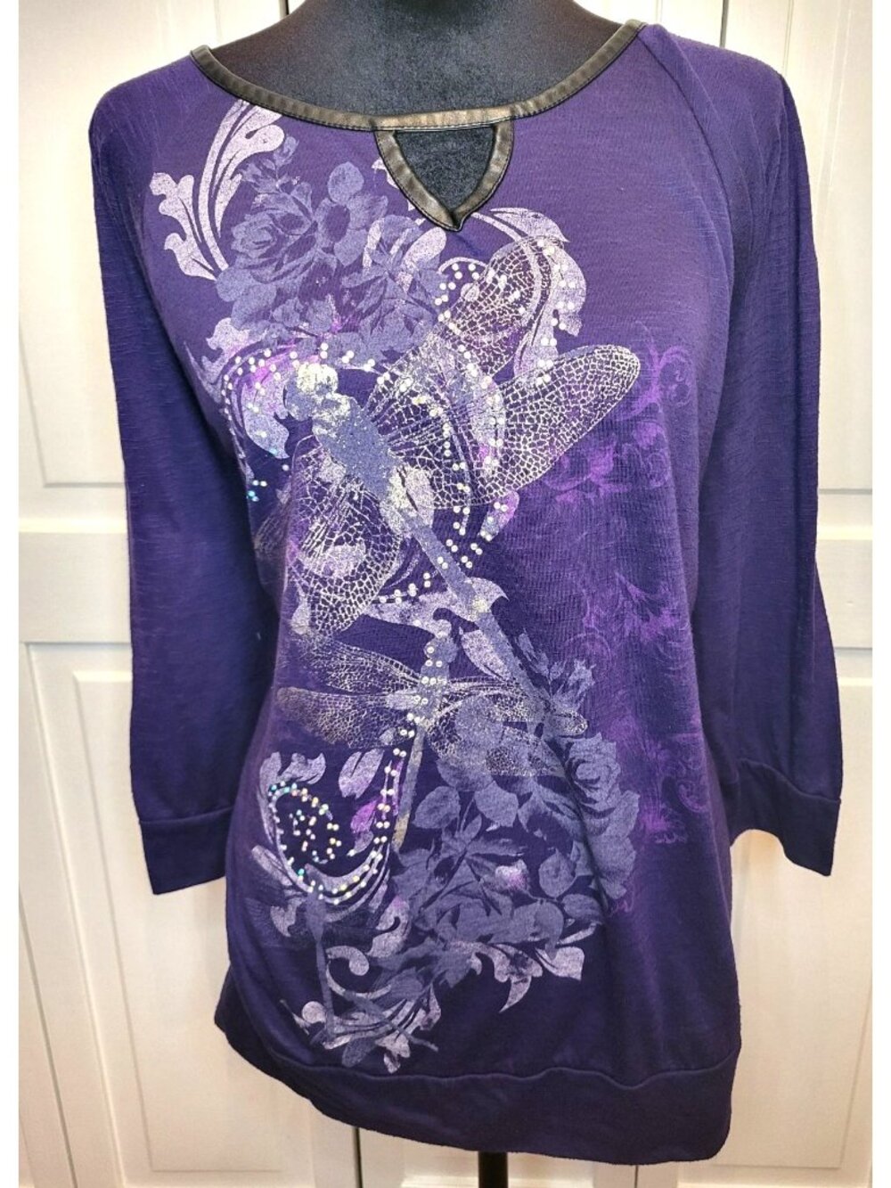 Cato Purple Floral Print Tunic Rhinestones Metallic Dragonfly 18/20 Whimsygoth